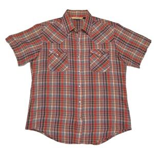 Vintage Pearl Snap Western Shirt Men's L 45" Short Sleeve Plaid Red Gold Shiny